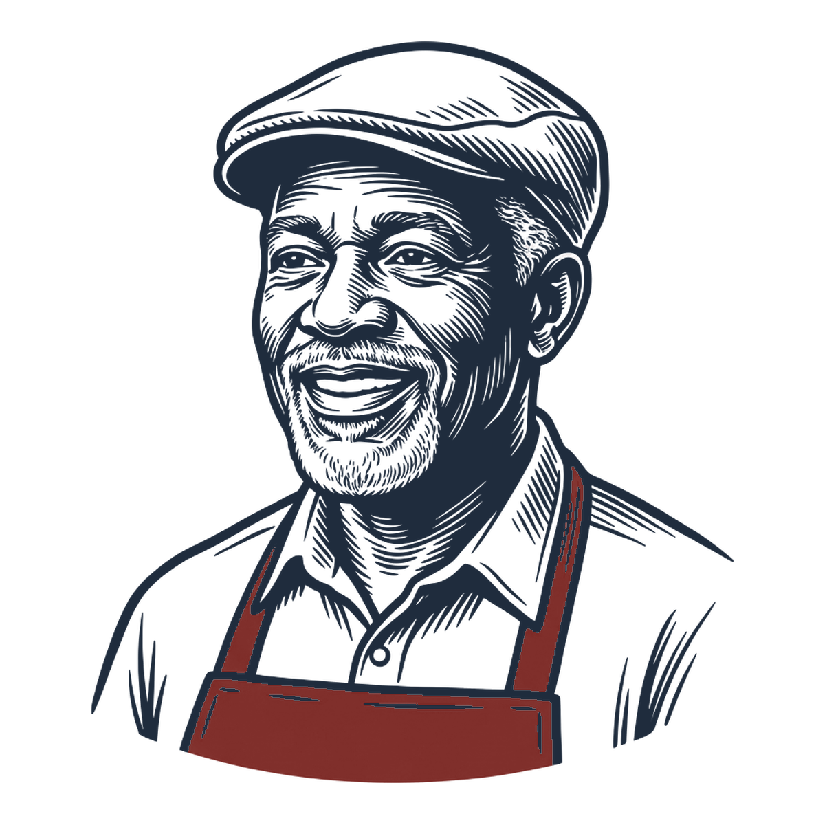 Woodcut portrait of Victor Sr., who opened the restaurant in 1984, in a cap and apron