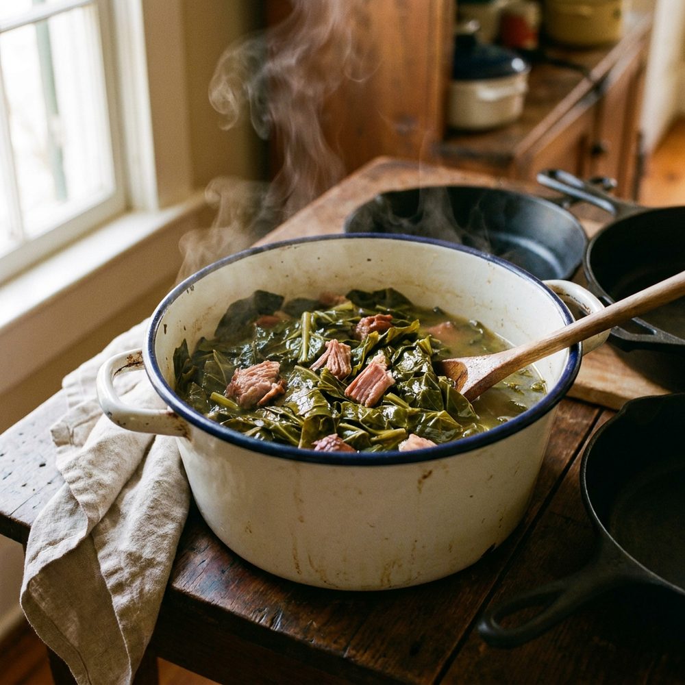 A bowl of slow-simmered collard greens