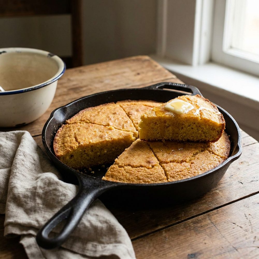 Skillet cornbread cut into wedges