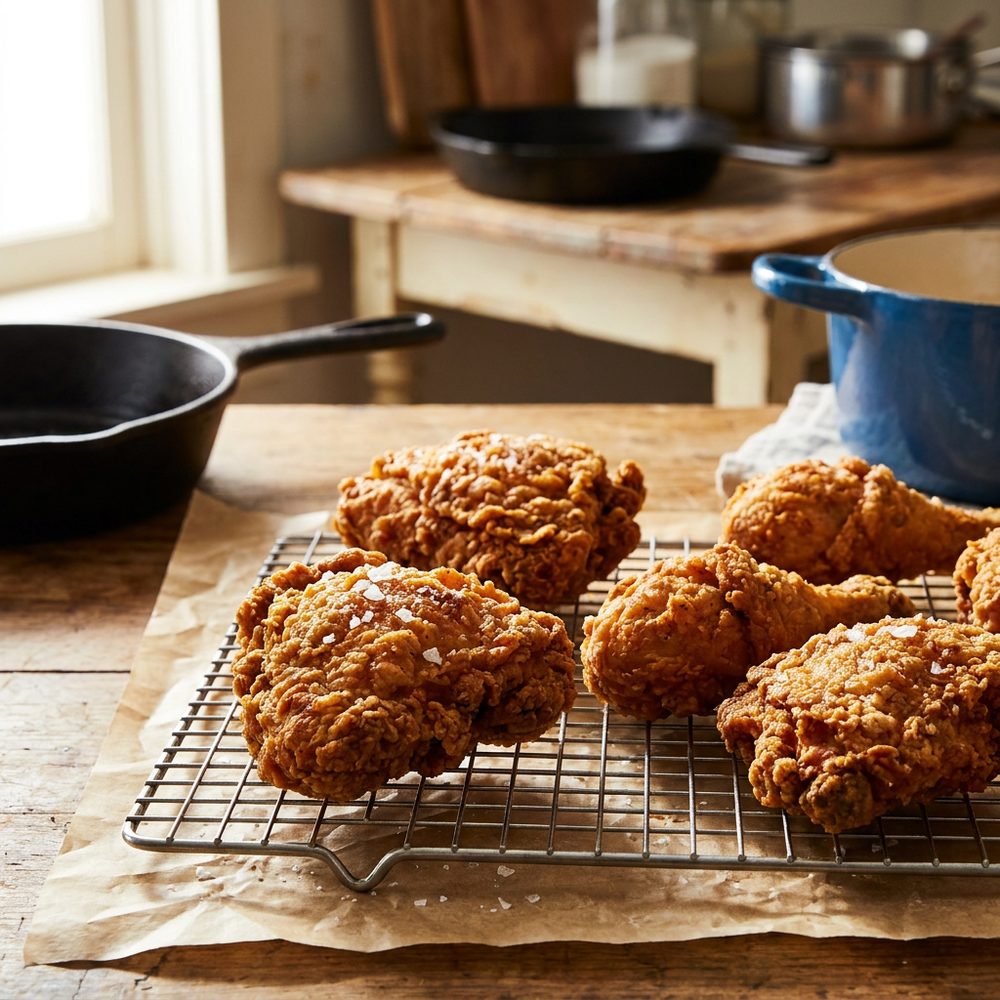Golden fried chicken resting on a wire rack