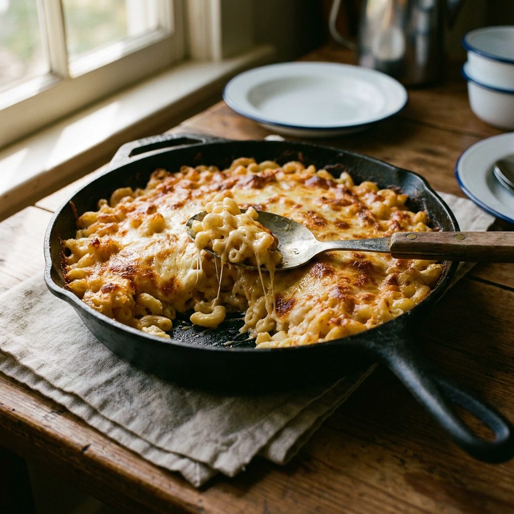 Baked macaroni and cheese with a browned top
