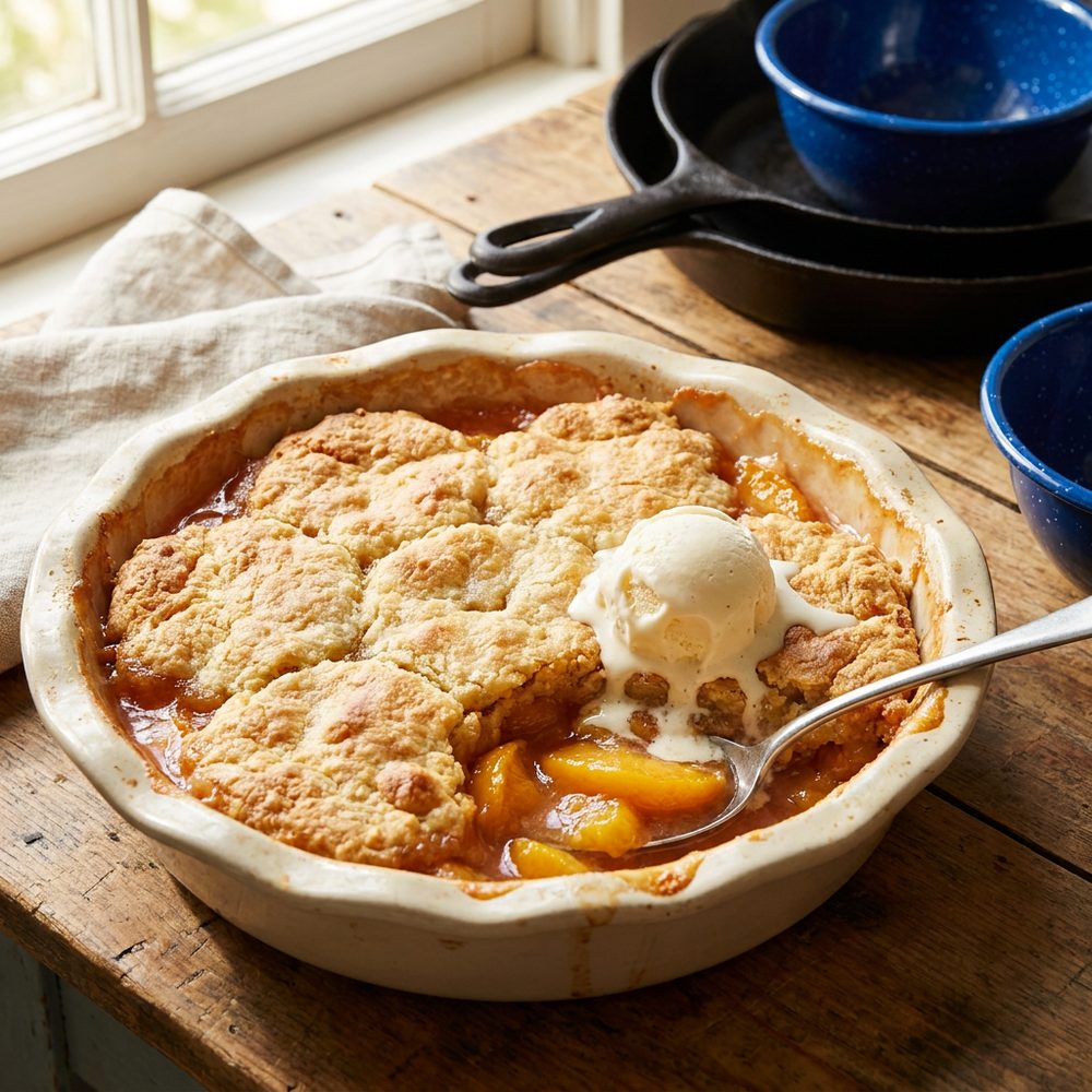 Warm peach cobbler with a golden lattice crust