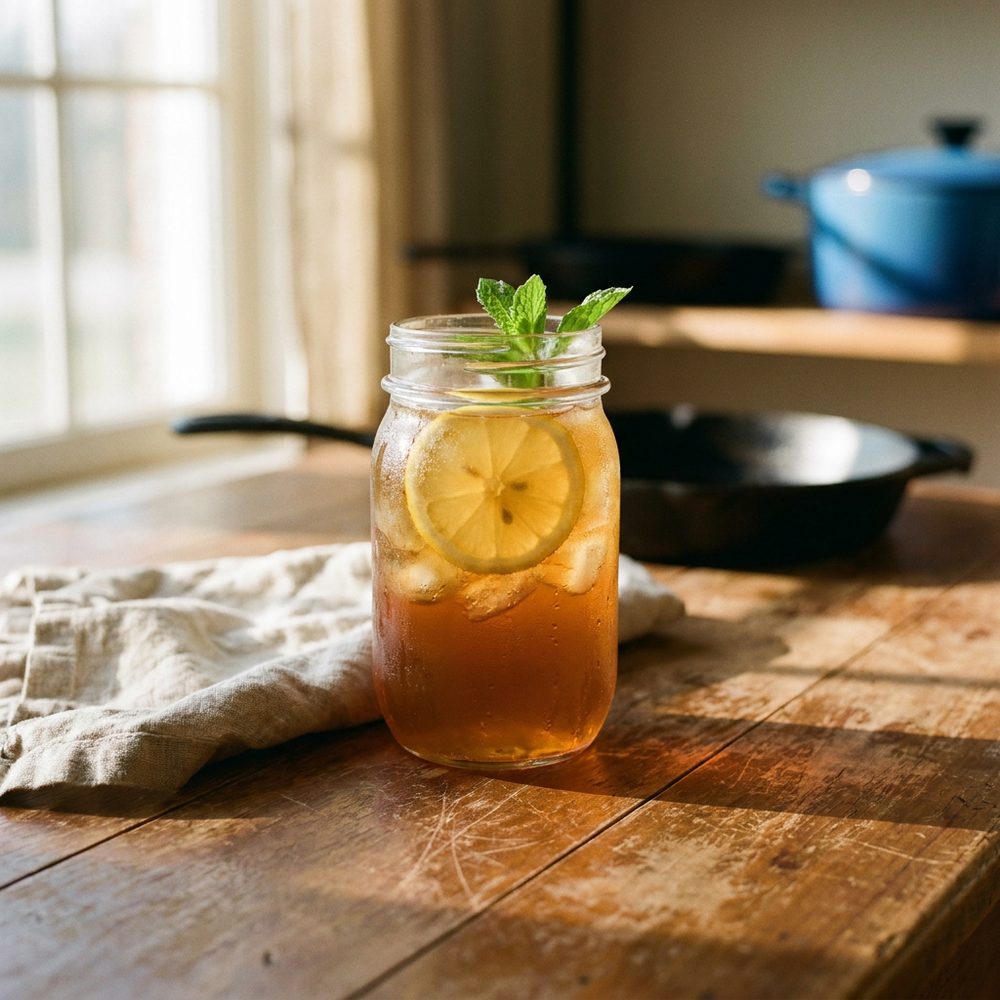 A tall glass of sweet tea over ice with lemon